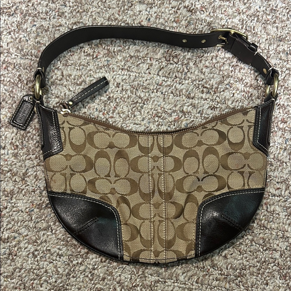Coach Tan and Black Signature Shoulder Bag